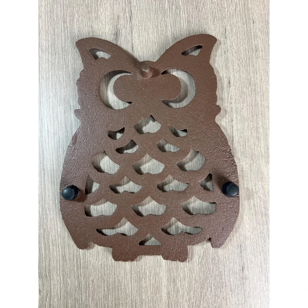 Vintage Cast Iron Owl trivet brown boho kitchen